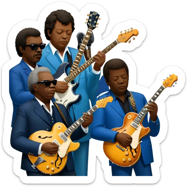 Icon for Blues Music: close-up collage of legendary blues artists. Gary Moore, Eric Clapton, B.B. King and Joe Cocker. Represented by silhouettes or symbolic items like guitars, microphones, or music notes, reflecting the soulful energy of blues music. Transparent background. sticker