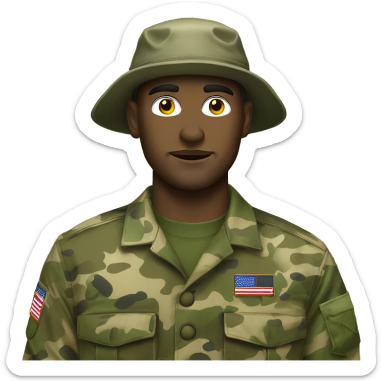 white man recon marine wearing camouflage paint and jungle fatigues with bush hat sticker