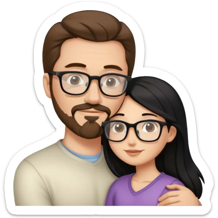 Tall white man brown hair and goatee hugging small woman long black hair square glasses sticker