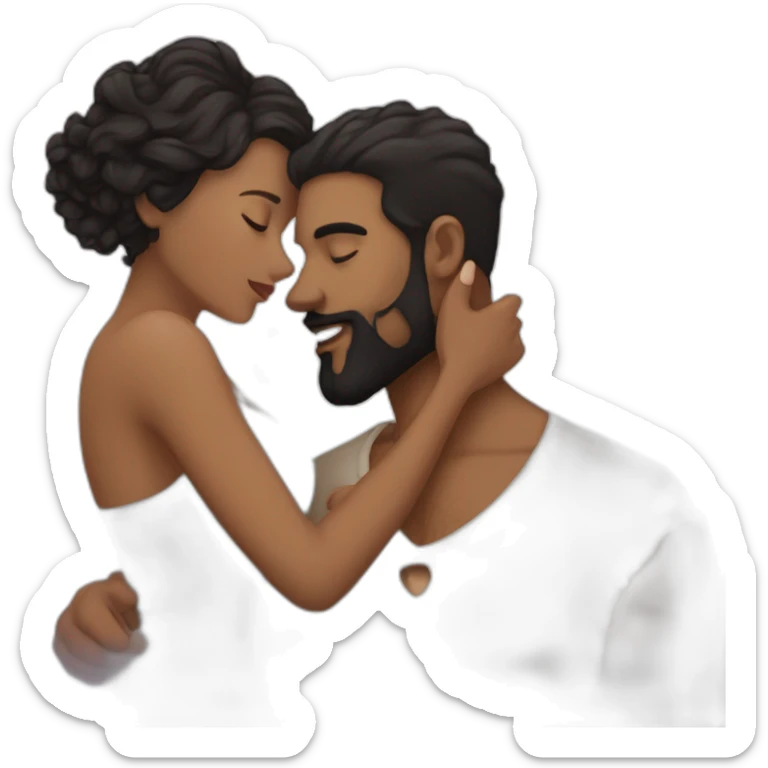 Brown man with a smooth black hair cut fade and a black beard kissing a White woman with long brown curly hair sticker