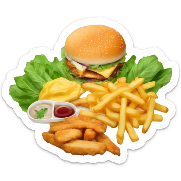 plate of food with chicken french fries burger and green leafs wide ange sticker