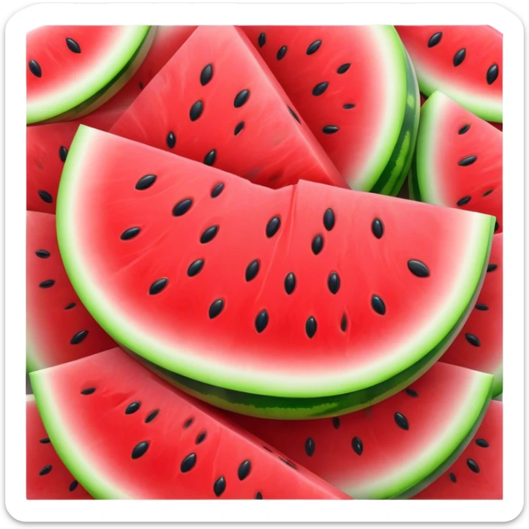 Cinematic juicy watermelon, thick slices revealing vibrant red interior, glossy and glistening with tiny black seeds, fresh and refreshing, soft glowing background, summer vibes. sticker