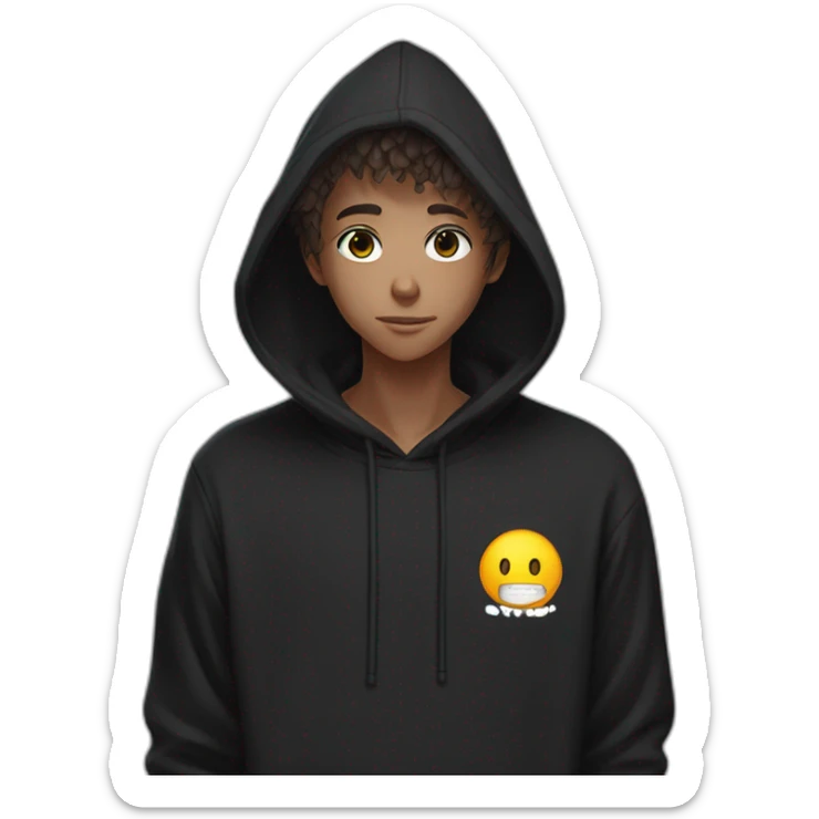anime character in black hoodie back hairs ai guru written on his shirt sticker