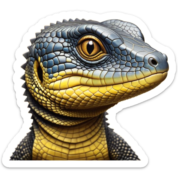 cinematic-realistic-cute-monitor-lizard-portrait-emoji,-head-tilted-playfully-and-inquisitively,-featuring-a-compact,-agile-body-with-finely-detailed,-glossy-scales-in-earthy-black and yellow-hues-and-a-distinct,-alert-face-with-bright,-curious-eyes, black , yellow spotted and green band  scales and a big long neck sticker