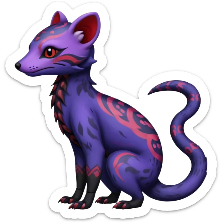 Rare warm-colored exotic gloomy tropical edgy cute epic aesthetic spooky indigo violet purple black red gothic colorful Salandit-Civet-species-Fakemon-hybrid-creature, with tribal tattoo markings, full body sticker
