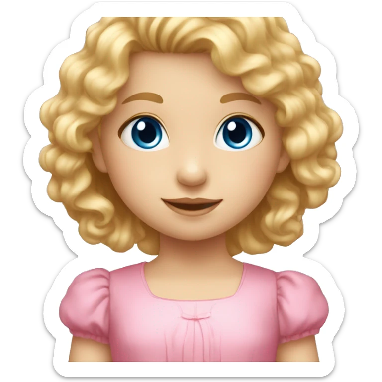 little girl, long curly blond hair, blue eyes, pink dress sticker