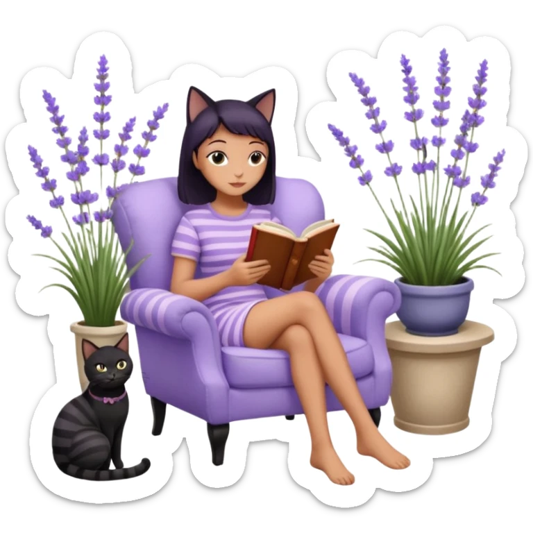 moji illustration, full body woman reading a book on a cozy armchair in a lavender garden, two separate cats next to her (one solid black cat, one brown tabby cat with stripes), small side table with coffee mug, soft peaceful vibe sticker