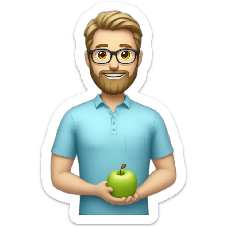 A male nutritionist with a full beard and dark blonde hair and white skin and glasses holding an apple in his hand. Who has a light blue shirt on. sticker