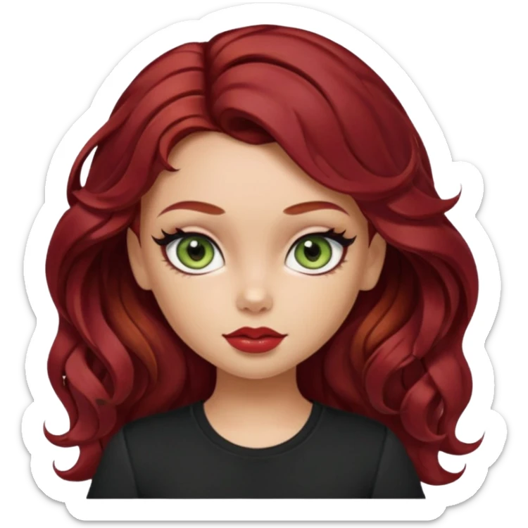 a pretty fair bratz girl with wavy dark red hair, wearing a black tee. eyeliner on, olive green eyes. Waist up sticker