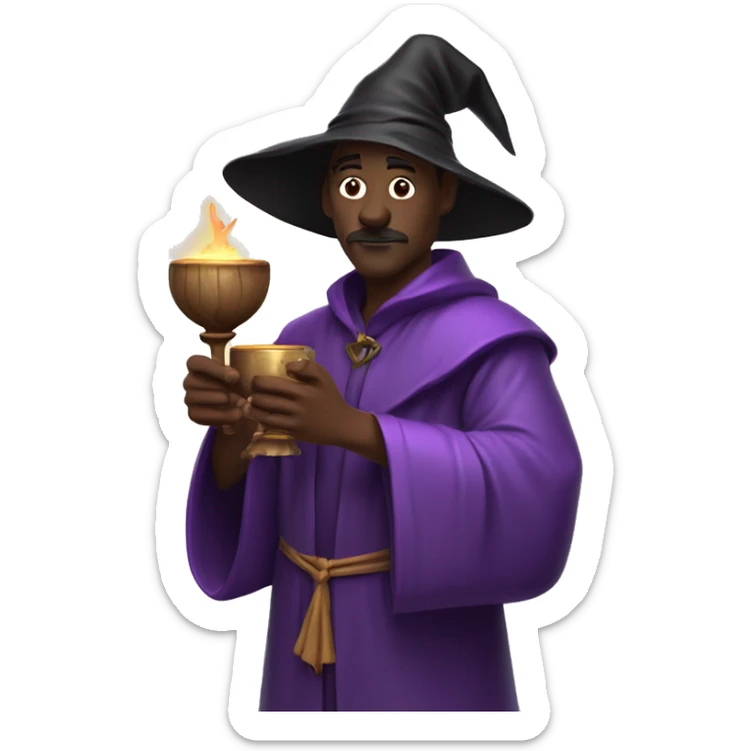 A man witch holding the goblet of love in one hand and in other a rod  which has leaves blooming out if it. The man is dressed a purple robe sticker