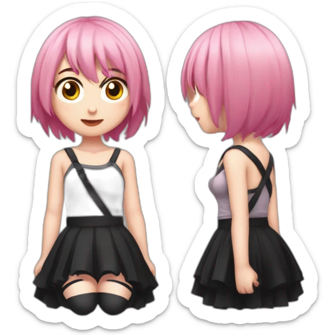 Full body Front view curvy emo girl pink hair sits on the floor straight view hands up black skirt полосатые рваные чулки sticker