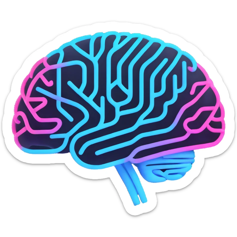 modern futuristic emoji for AI newsletter, digital brain with newsletter lines and neon highlights, minimalistic and high-tech sticker
