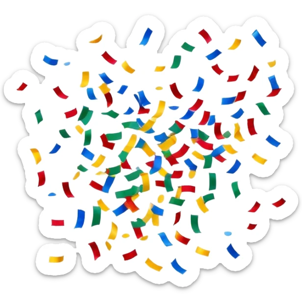 Colorful confetti pieces floating in the air, scattered randomly with a sense of motion. The confetti includes small paper strips and round shapes in vibrant colors like red, blue, yellow, and green. Soft shadows and subtle transparency give a light and festive feel. Flat, modern illustration, clean and minimal, white background. sticker