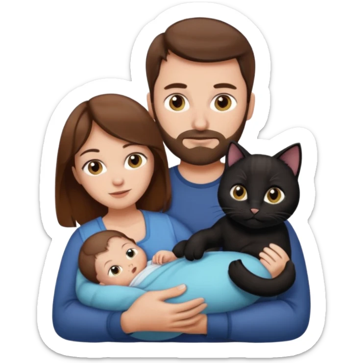 1 mom brown hair, 1 dad NO beard, 1 baby and 1 black cat sticker