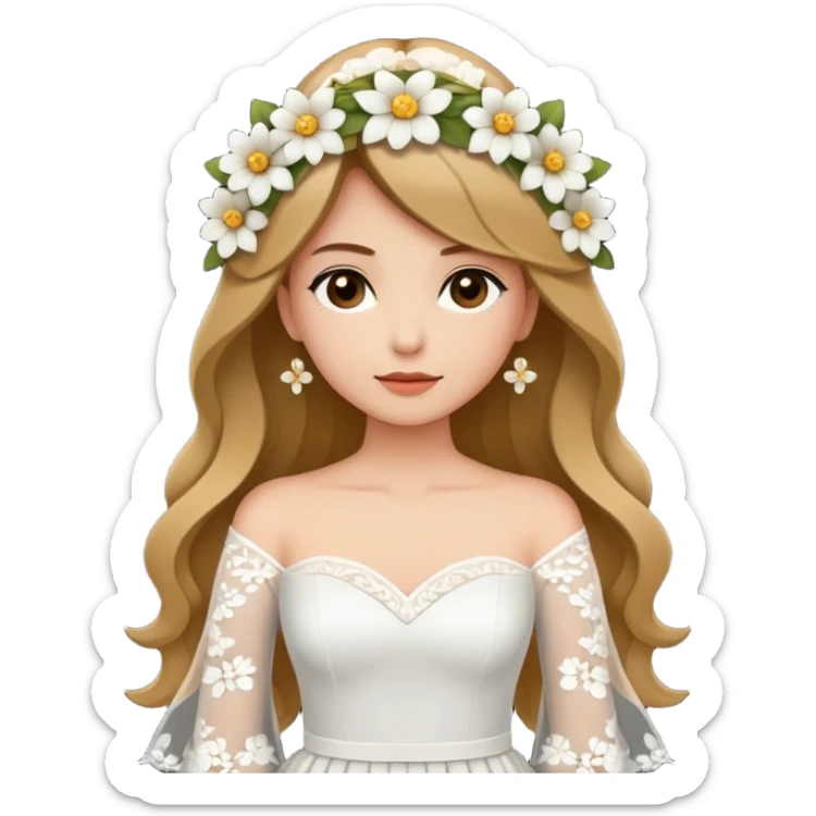 Chica blanca, cabello castaño, recogido en moño alto con mechones, vestido novia de manga larga, cuerpo entero, ramo de flores en una mano sticker