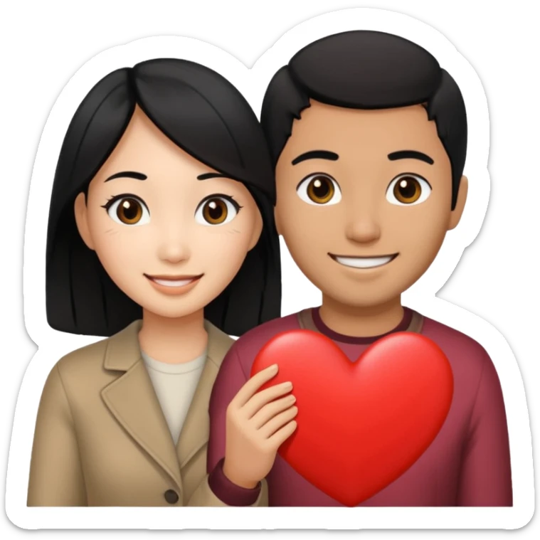 Asian Woman with black hair black eyes, brown man with black hair black eyes, and love heart sticker