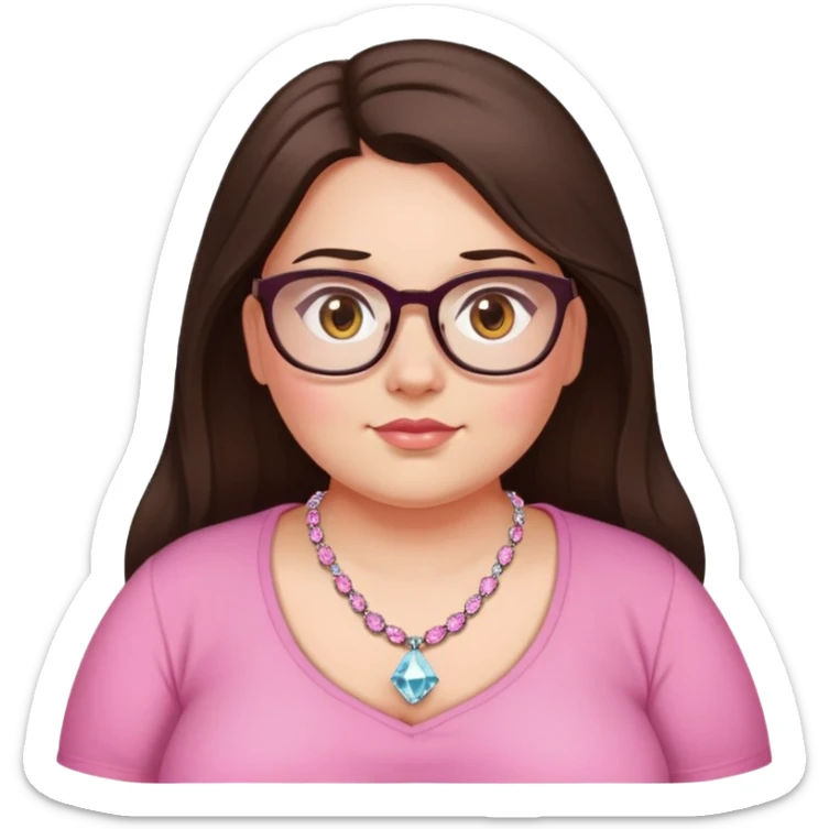  woman, long dark brown hair, very fair skin,hazel eyes, glasses, very chubby, pink shirt, diamond necklace sticker