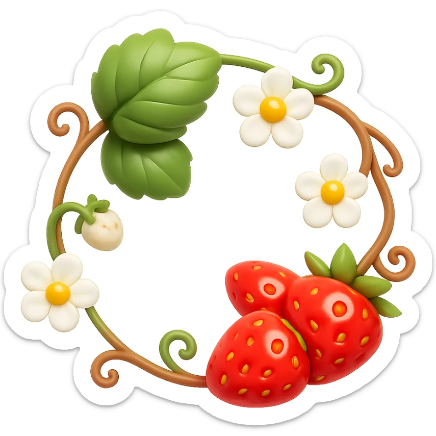 Create a 3D iOS-style illustration of a strawberry wreath featuring green leaves, white strawberry flowers, ripe strawberries, an elegant circular vine, soft lighting, and a glossy effect. The image should have no background. Use the GPT Image style for editing. sticker