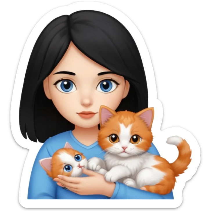 A girl black hair and brown eyes with A 2-month-old Persian-Angora mix kitten with blue eyes and mostly ORANGE fur with white patches sticker