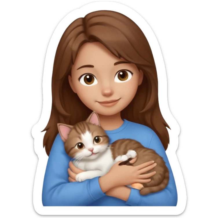 Create an emoji that has a girl wearing a blue shirt and brown hair snuggling a kitten. Smiling sticker