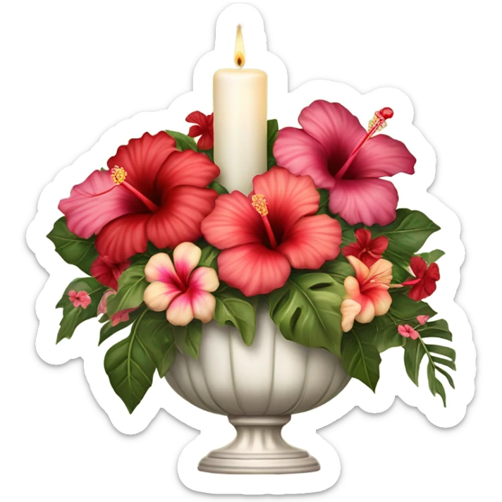 A vintage floral arrangement of hibiscus with a satin ribbon and a candlelit setting
 sticker