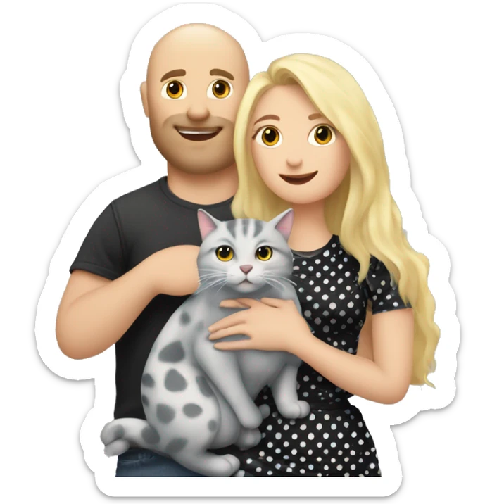 3 objects - a beautiful blonde with long hair and a polka-dotted dress, a bald handsome man in a cap and a rock T-shirt, and a fat gray cat with black spots. The man hugs the blonde and holds the cat in his hands sticker