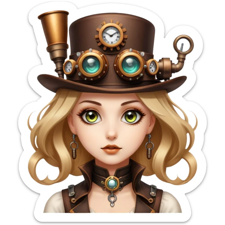 Beautiful Steampunk style woman with large glistening eyes, ultra realistic details sticker