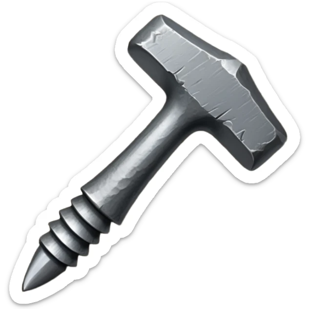 small, fat metal nail with a bent shaft, partially hammered into a wooden surface sticker