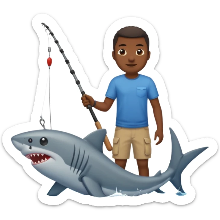 Black man pulling a shark out of the water with a fishing pole, emoji style sticker