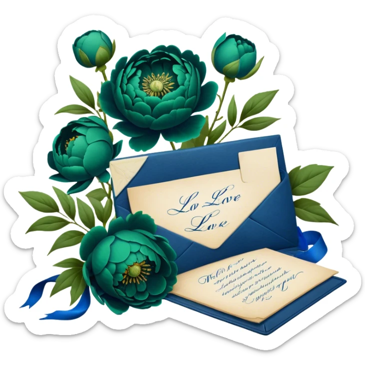 A charming arrangement of deep green peonies placed beside an old blue love letter with an intricate navy blue wax seal. sticker