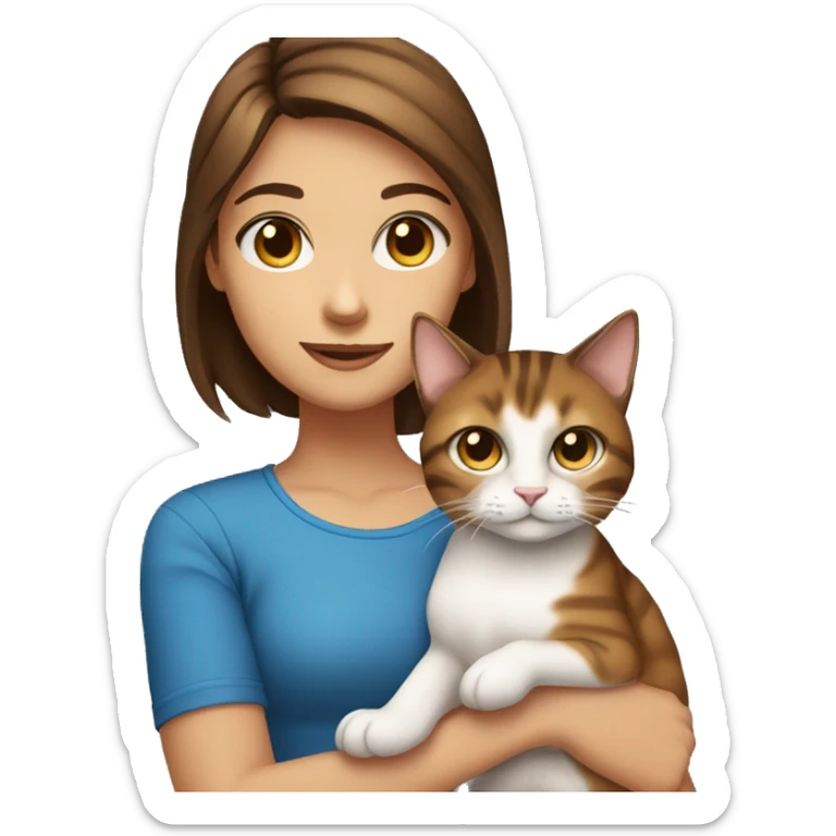 girl with blue eyes brown hair and tanned holding a tabby cat sticker