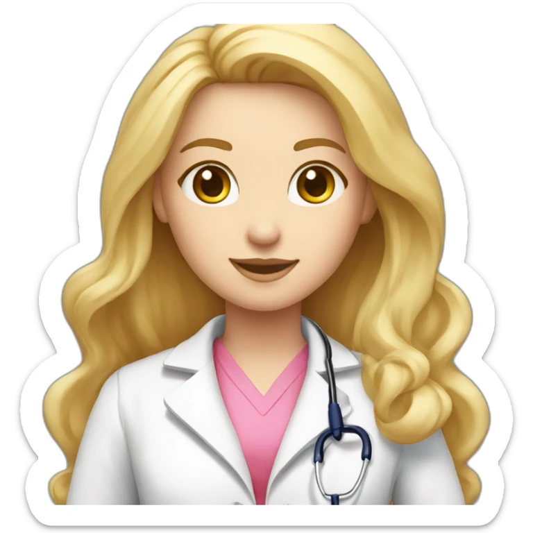 Long blonde hair doctor in pink undershirt white coat over pink stethoscope  sticker