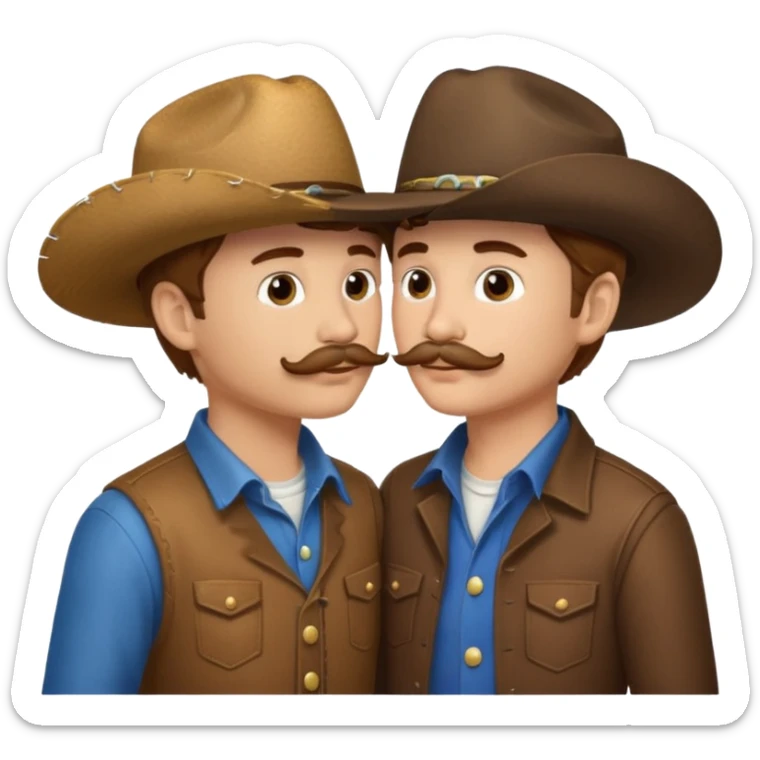 2 boys kissing with cowboy hats. one has light brown hair and the other one has dark brown hair and a mustache sticker