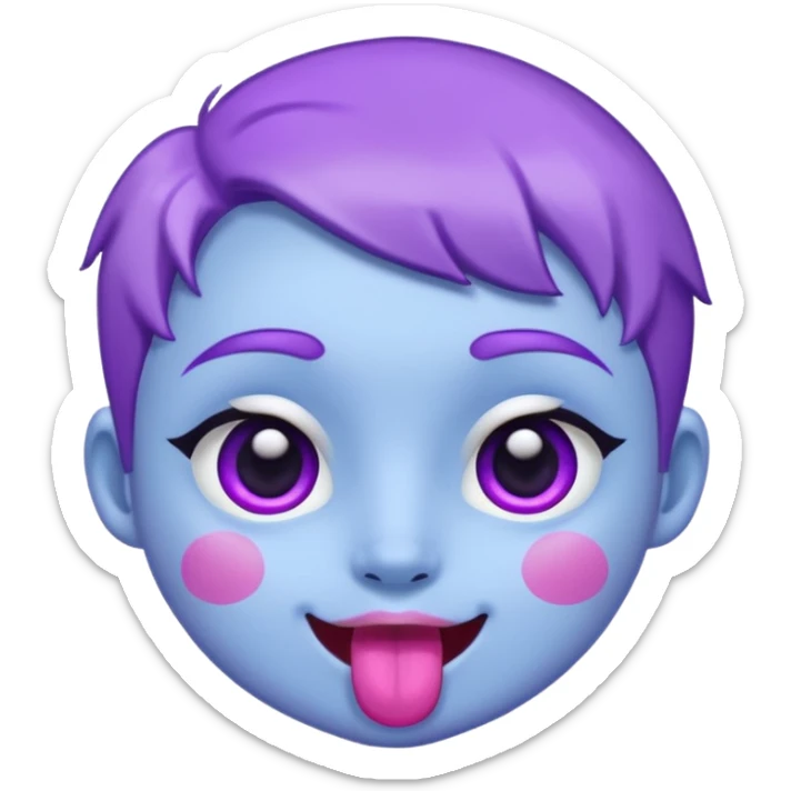 
de color azul claro brillante con manchas orgánicas en tonos morado y violeta.El rostro es expresivo y kawaii, con ojos grandes y brillantes, cejas pequeñas y una sonrisa abierta con lengua rosada. Estilo moderno, limpio y tierno, ideal como emoji, sticker o mascota digital.
 sticker
