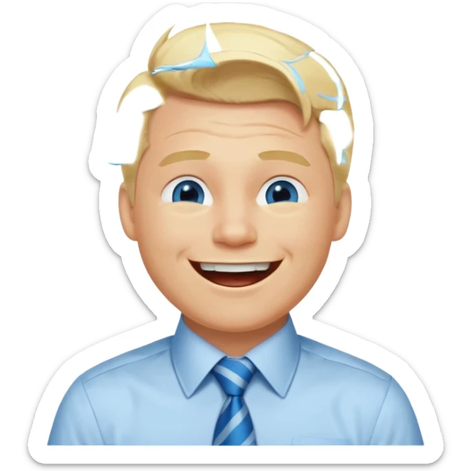 A guy with blonde hair and blue eyes that looks masculine. make him wear a shirt with a tie. he is danish. He is laughing extremely hard. More extreme expression sticker