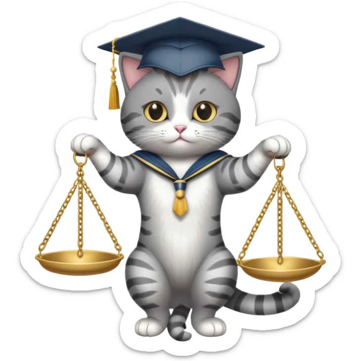 cat wearing a graduation cap, balancing the scales of justice on the tip of its tail sticker
