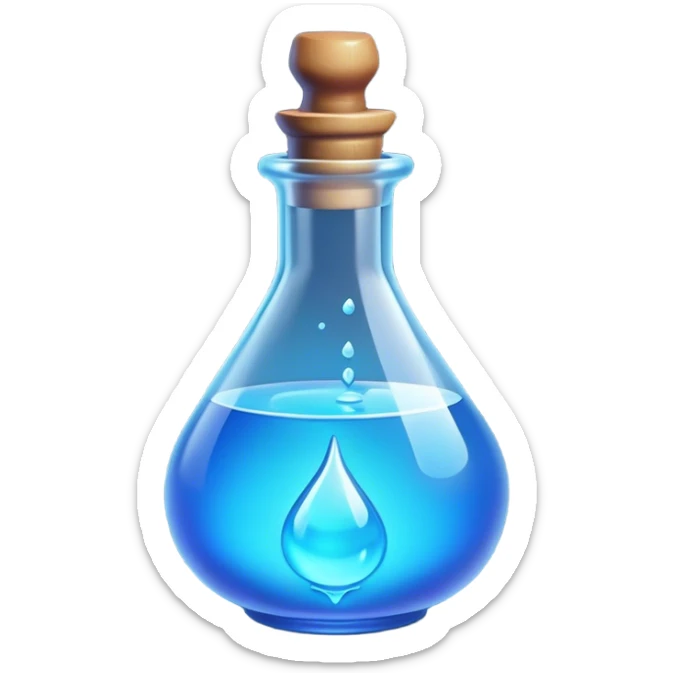 Clash of Clans aesthetic: Cinematic Playful Pixel 3D blue mana Potion Emoji, rendered in a 3D vector-style similar to standard emojis with minimal shading and bold, simplified shapes. A compact, distinct form with signature details, softly glowing with a pixelated adventure charm. Simplified yet unmistakably iconic, highly detailed and consistent, glowing with a soft radiance and high shine. Stylized with a touch of classic pixel-art charm and a soft glowing outline, capturing the essence of a beloved gaming relic with a friendly, playful manner! sticker