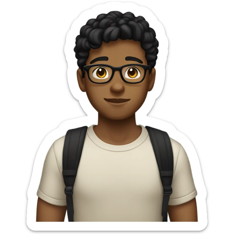 teenage boy with black wavy hair and glasses and a black short sleeve shirt and tan skin sticker