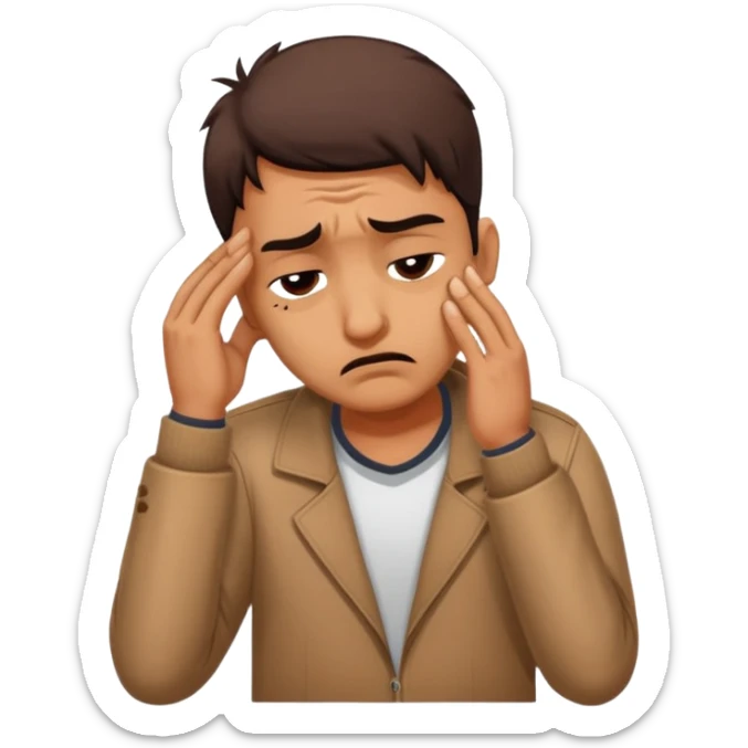 A cartoon sticker of an exhausted Indian man facepalming softly with a dramatic sigh. Add text: “Main thak gaya boss.” sticker
