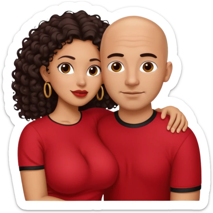 A picture of a sexy tanned couple embracing. the guy is Mexican, with a bald hair cut and he is wearing a red shirt. the girl is mixed, the girl is wearing a black shirt, the girl has curly longer dark brown hair and with big boobs  sticker