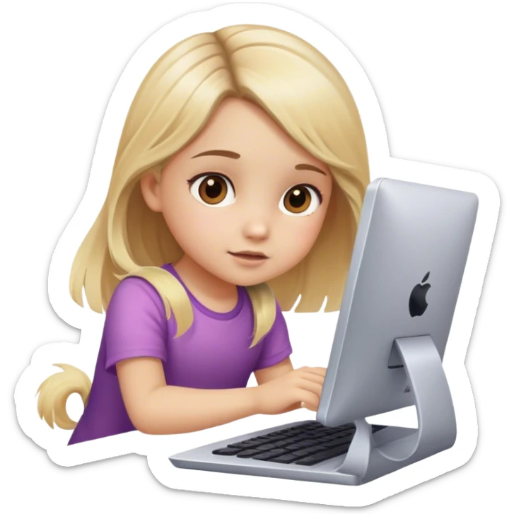 a little girl, ombre with blonde hair and brown eyes. playing games on the computer sticker