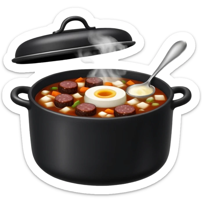 warm comforting bowl of sundae gukbap Korean blood sausage soup in black pot with steam iPhone emoji style sticker