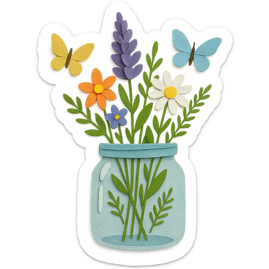 glass jar filled with forest flowers and butterflies, paper-craft style sticker