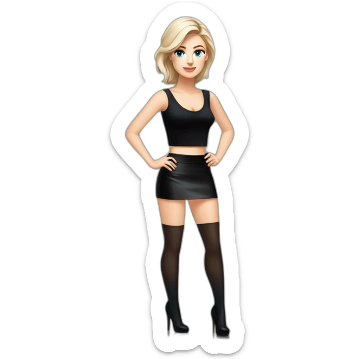 realist caucasian long dark brown, blue eyes woman, black crop top black tight mini skirt, High heel black patent louboutin, full body sticker