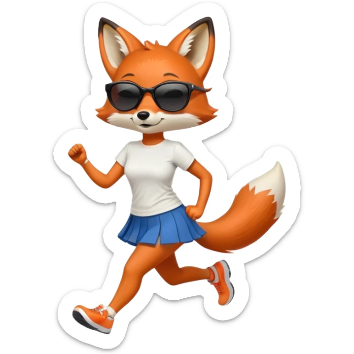 friendly anthropomorphised female fox in skirt and t-shirt, wearing dark sunglasses, jogging upright in standard pose sticker