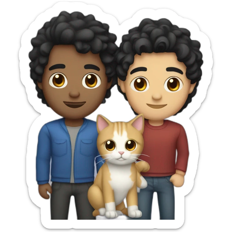 Gay couple, 1 guy Latino black straight black hair and 1 Australian white guy with blonde slightly curly hair holding a cat sticker