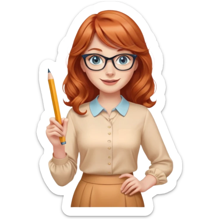redheaded woman with long wavy hair and bangs, blue eyes, cat-eye glasses, wearing a pencil skirt and apricot blouse, holding a pencil, smiling sticker