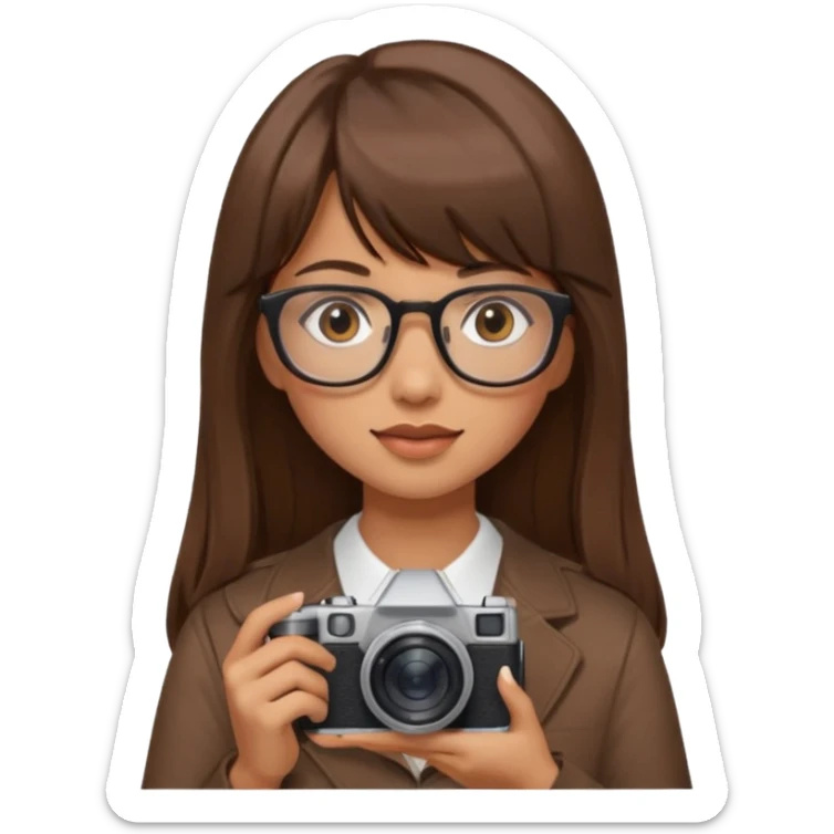 Una chica pelo largo con flequillo color marrón y gafas con estilo de periodista súper top, también agrega una cámara en sus manos sticker