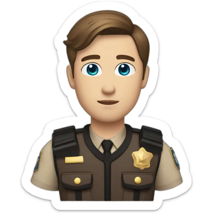 Deputy sheriff with short Brown hair and blue eyes and bulletproof vest and arms sticker