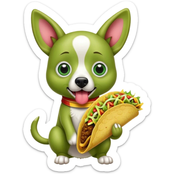 Green dog with large cartoon eyes and sticking up ears and sticking out tongue with eyes looking opposite direction and tongue out and holding a taco sticker